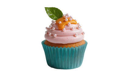 Pink frosted cupcake with pearl sprinkles orange drizzle, and mint leaf © Lisa