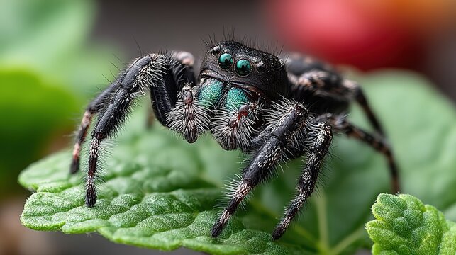 Black Jumping Spider with Iridescent Teal Facial Markings, Macro Close-Up Resting on Textured Green Leaf, Outdoor Wildlife Insect Portrait