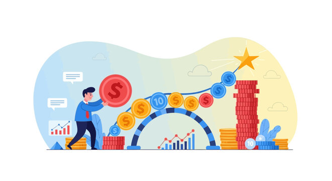 A diligent person actively invests, guiding coins along an ascending path, symbolizing steady financial growth, strategic wealth accumulation, and ultimate business success.