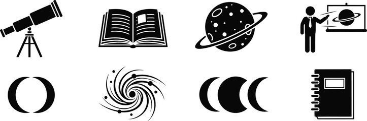 Astronomy and Space Exploration Icon Set with Telescope Planets Galaxy and Science Education Symbols © MUHMUDABEGUM