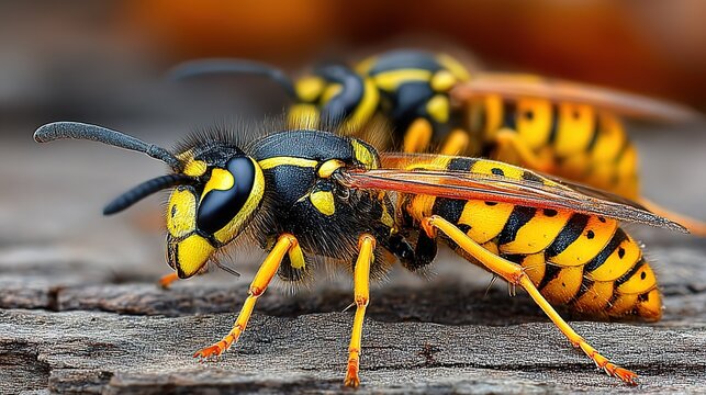 Macro Close-Up of a Common Wasp (Vespula vulgaris) with Striking Black and Yellow Markings on a Weathered Wooden Surface &mdash; Entomology & Wildlife
