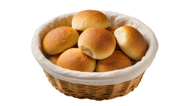 Golden baked dinner rolls nestled inside a woven wicker basket, lined with linen cloth