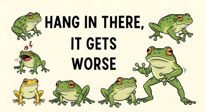 Funny Frogs with Motivational Quote Hang In There It Gets Worse.