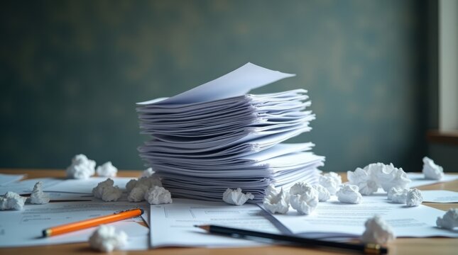 Una pila precaria de documentos, con hojas de papel resbalando y desliz&aacute;ndose por la parte superior