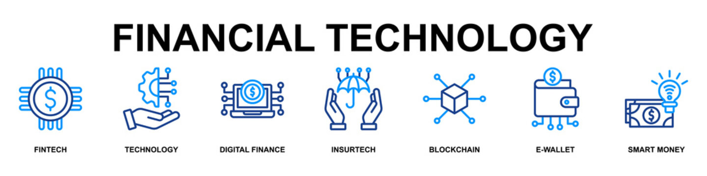 Financial Technology Banner Web Icon Vector Illustration Concept for Technology with Icons of Fintech, Technology, Digital Finance, Insurtech, Blockchain, E-wallet and Smart Money