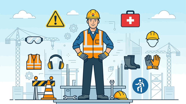 This flat design illustration features a construction worker with safety gear surrounded by safety icons, emphasizing the critical importance of workplace safety and health
