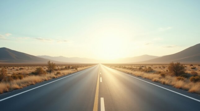Camino recto sin obst&aacute;culos que se pierde en el horizonte, paisaje minimalista, luz solar suave, concepto de progreso fluido