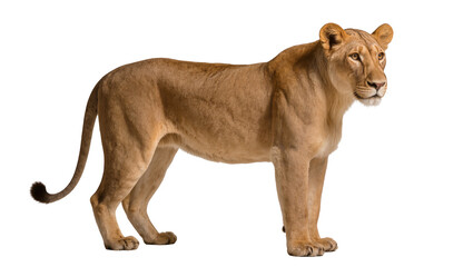 Tan female lion standing sideways with long tail and focused gaze © Sarah