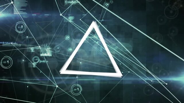 Animation of triangles rotating over network of connections on black background