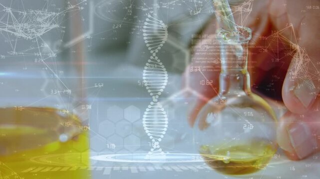 Animation of dna strand and data processing over caucasian scientist in lab