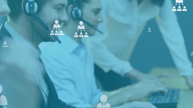 Animation of online people icons over diverse business people wearing phone headsets