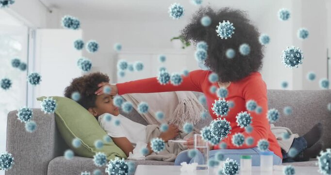 Animation of virus cells over african american mother with sick son