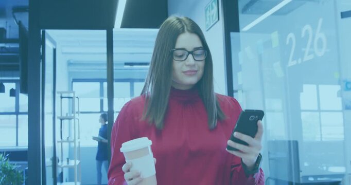 Animation of slava ukraini text over caucasian businesswoman smiling