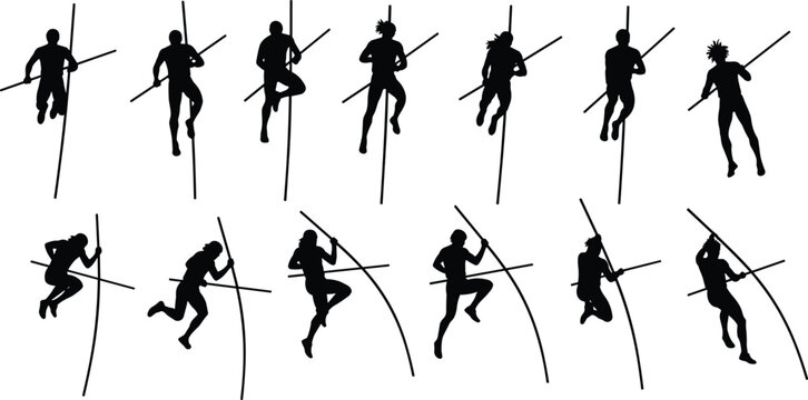 Black silhouettes of pole vault athletes jumping over the bar during a track and field sports competition, vector illustration set