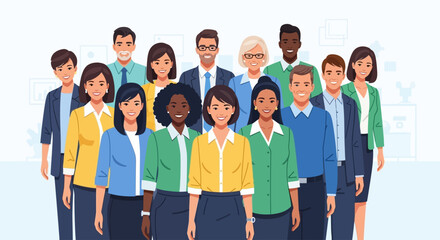 Obraz premium This flat design illustration captures a diverse group of smiling professionals, highlighting the importance of diversity and inclusion within the workforce on International Workers' Day.