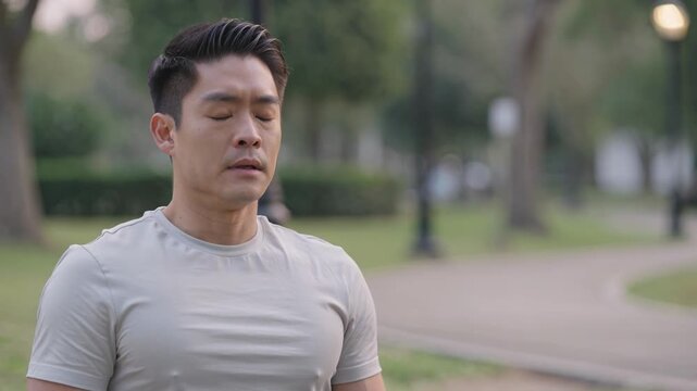 Anxious Asian Man Breathing Deep Outdoors, Finding Relief and Smiling at Camera.