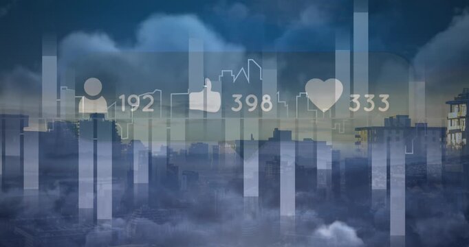 Animation of clouds and social media reactions over cityscape