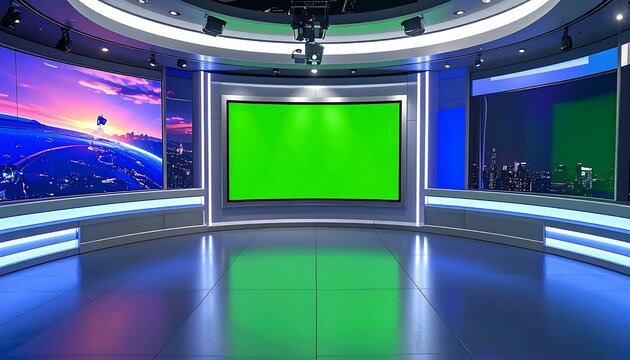 Modern Television Studio with Green Screen and Dynamic Lighting.