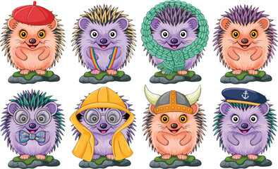 Naklejka premium Whimsical collection of diverse cartoon hedgehogs, each character sporting a unique costume, from artist to sailor to viking, standing on small green mounds.