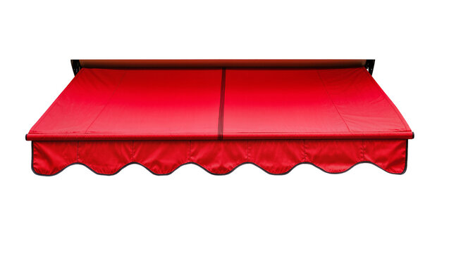 Bold Red Outdoor Awning with Black Metal Support Arms
