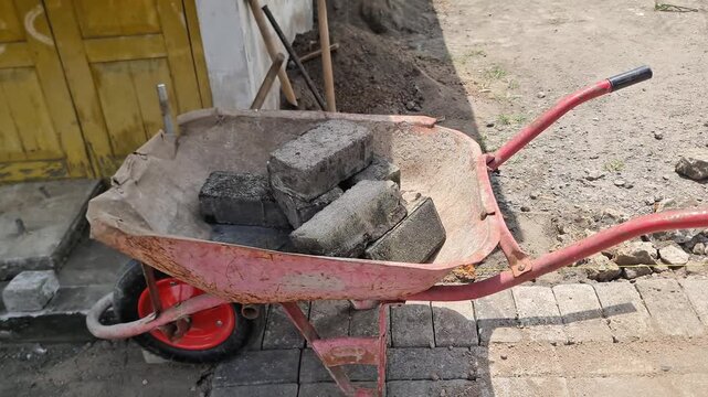 Close up of Pink Metal Wheelbarrow Loaded with Concrete Bricks on Construction Site
