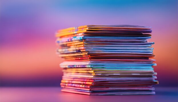 A vibrant stack of colorful magazines with glossy pages and textured covers arranged in a slightly uneven pile