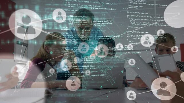 Animation of icons and data processing over heart get on green background