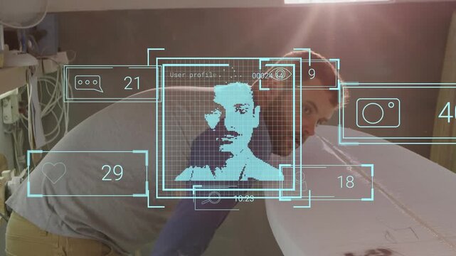 Animation of user photos and social media reactions over caucasian craftsman