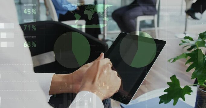Animation of statistical data processing over mid section of businessman using digital tablet