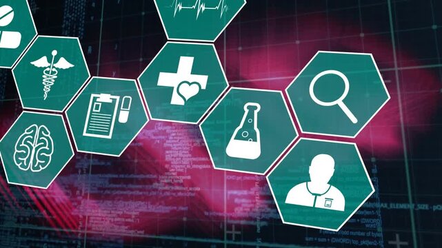 Animation of scientific icons in hexagons over pink and black background