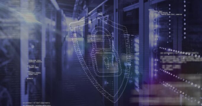 Animation of data processing and padlock icon over server room