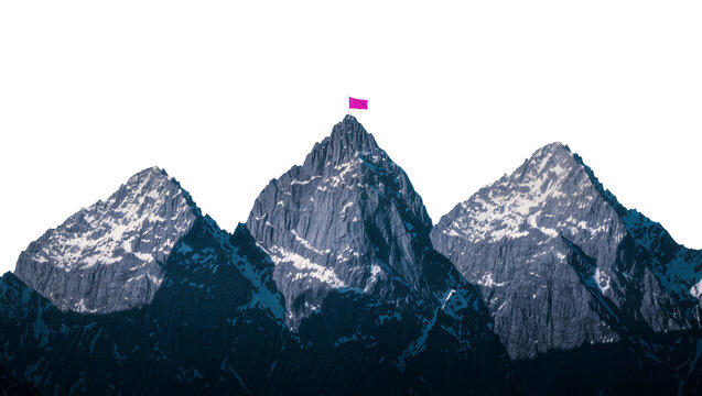 Snowy jagged mountain peaks with vibrant pink flag atop summit