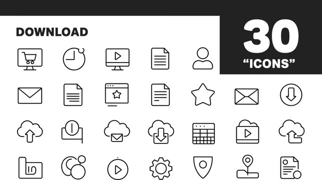 Download set of thirty minimalist black line icons, essential storage, media, and document graphics.Download set of thirty minima