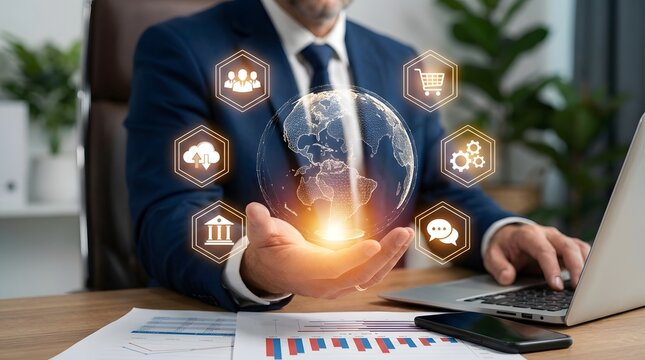 Professional businessman in a navy suit holds a glowing digital globe surrounded by hexagonal business service icons, representing global connectivity and innovation.