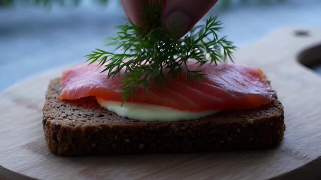 Gourmet Salmon Toast: A culinary masterpiece unfolds, showcasing a meticulously crafted toast, adorned with delicate smoked salmon, a creamy spread, and a sprig of fresh dill.