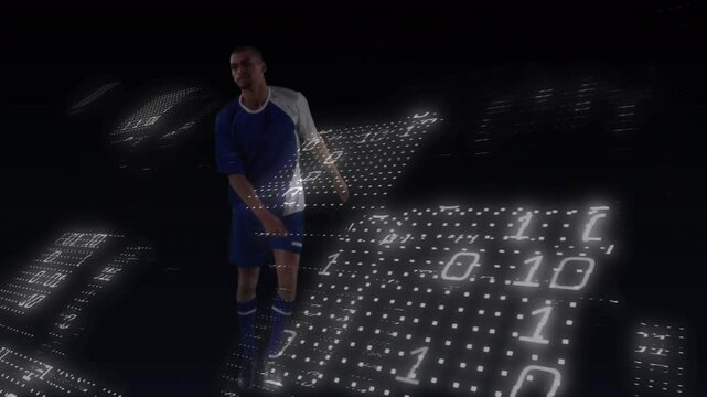 Binary coding and glowing dots pattern over male soccer player kicking the ball