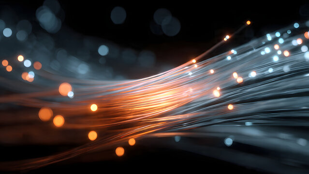 abstract visualization of fiber optic cables with glowing light trails representing data transmission. 
