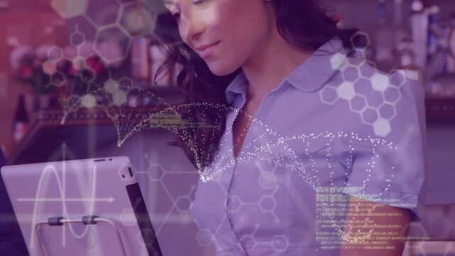 Animation of digital hexagonal shapes and dna helix over businesswoman using digital pc