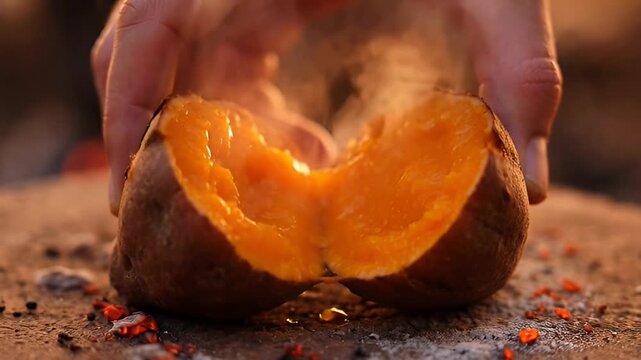 Golden Sweet Potato Moment: A pair of hands holds a freshly baked, steaming sweet potato, revealing its vibrant orange flesh. a culinary journey. evoking a sense of warmth and comfort.