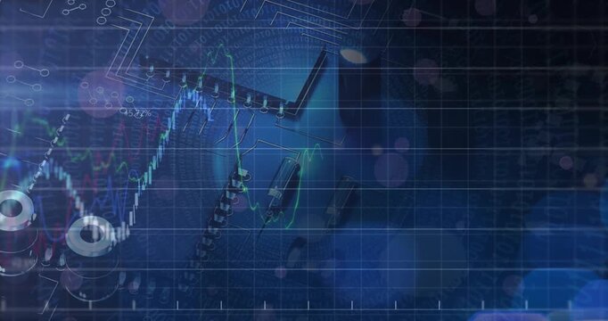 Animation of graphs and charts processing data over computer motherboard