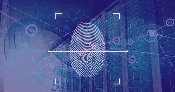Animation of fingerprint scanner and network of connections against computer server room