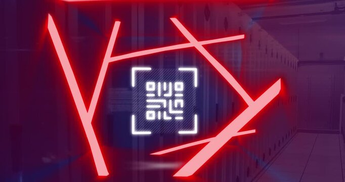 Animation of neon qr code scanner and data processing against computer server room