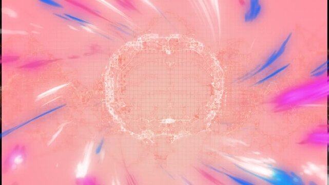 Animation of human brain spinning over colorful light trails against pink background