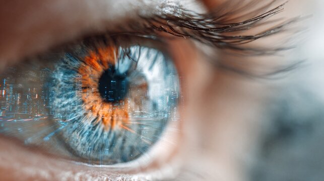 An eye with a vibrant blue iris and glowing orange accents, emphasizing intricate details and textures of the iris and eyelashes