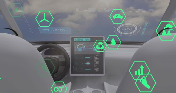 Animation of icons and data processing over car interior