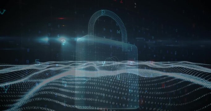 Animation of data processing over padlock icon on black background