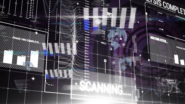 Animation of data processing and statistics on dark background