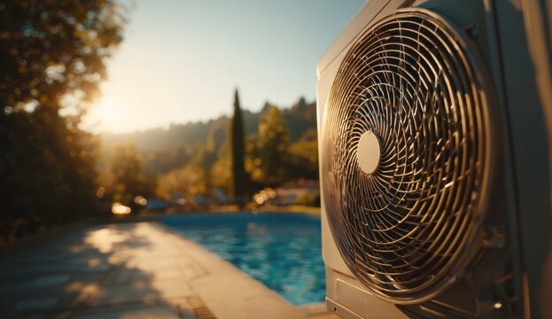 Artistic representation of an outdoor air conditioning unit with metallic grill and textured surface, set against a blurred outdoor landscape with sunlight and trees