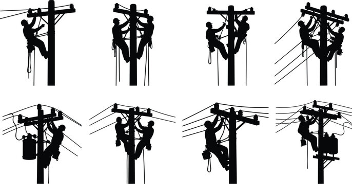 Set of lineman silhouettes working on utility 