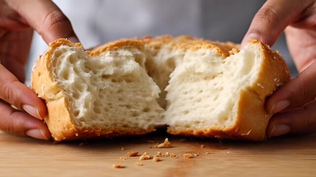 Bread Unveiled: A close-up view reveals a loaf of freshly baked bread being gently torn apart, showcasing its soft, airy interior and inviting texture.